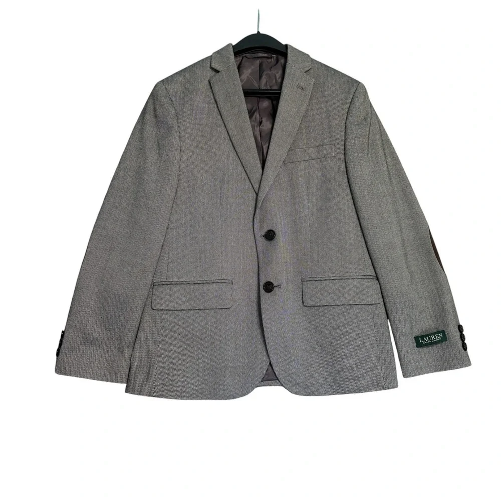 Lauren Ralph Lauren Blazer Boy 14R Gray Herringbone Brown Elbow Patch Sport Coat